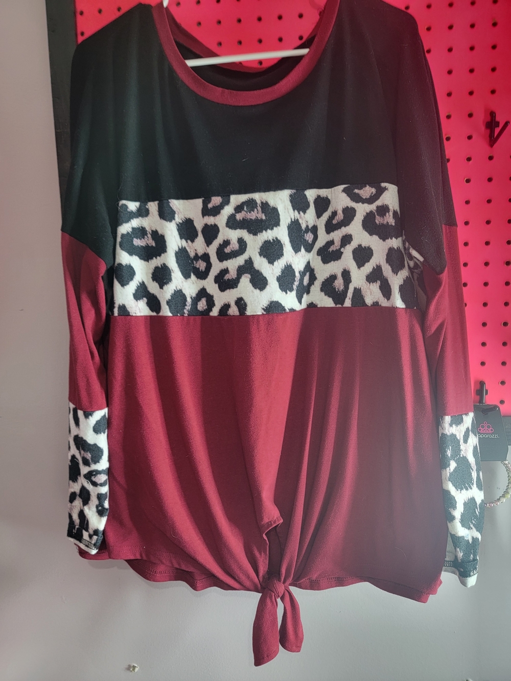 Leopard-Accent Tie-Front Long Sleeve Top - Burgundy